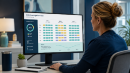 Nurse manager reviewing a three-week shift coverage forecast on a workforce dashboard