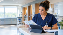 A nurse manager reviews the weekly staff schedule at a skilled nursing unit station.