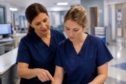 an experienced nurse working alongside a newer nurse on a unit