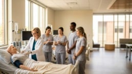Nursing instructor demonstrates a clinical skill on a simulation manikin to nursing students in a university skills lab