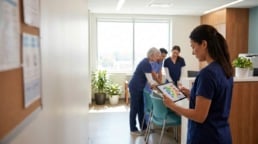a nurse manager checking a color-coded shift schedule on a tablet while a team with a mix of experience works behind her